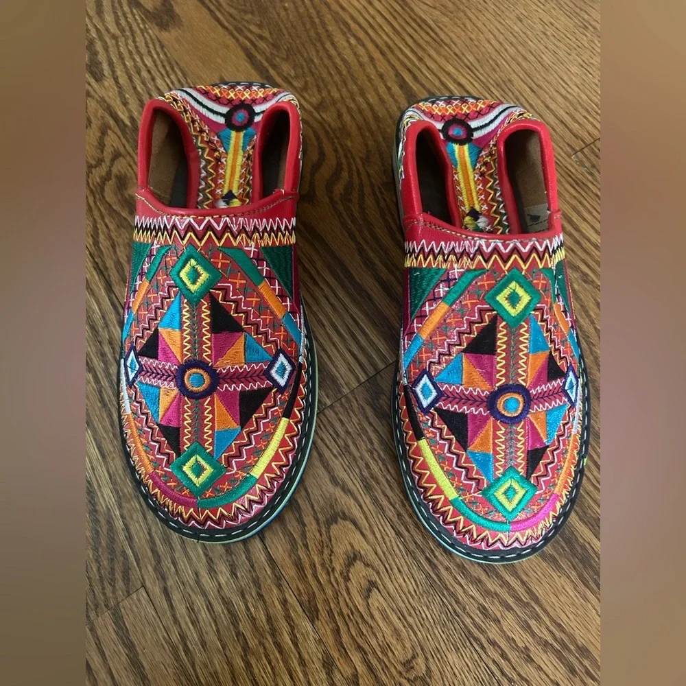 Moroccan Style Red Embroidered Babouche Mules Maximalist Folk Boho 8